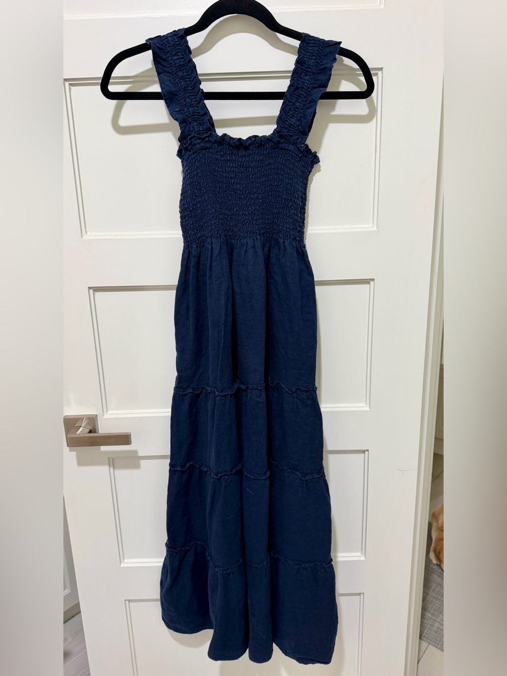 Quince Navy 100% European Linen Smocked Midi Dress